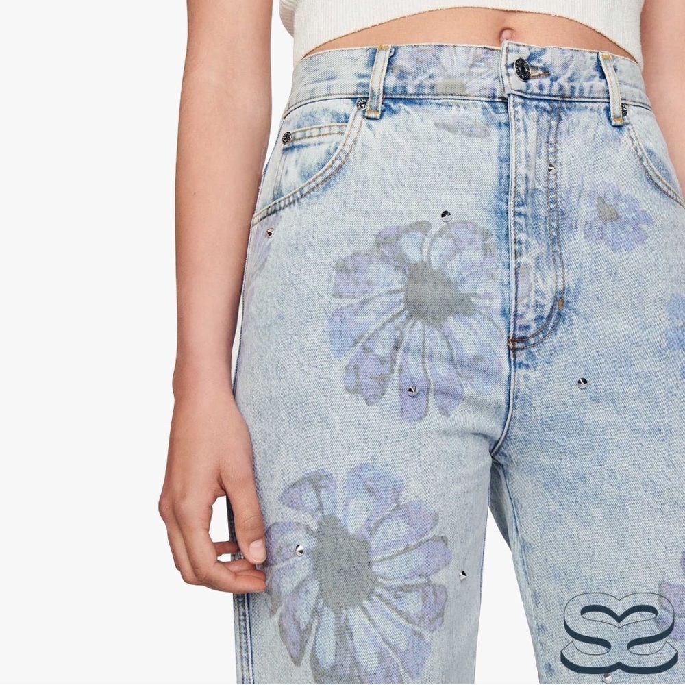 Sandro **NWT** Blossom Floral Print Rhinestone Straight Jeans in Blue Je… - Picture 4 of 15